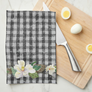 Linge De Cuisine Feuilles de Black Check Russe White Magnolia