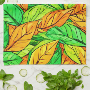 Linge De Cuisine Feuilles de dessin animé vibrantes : orange et ver