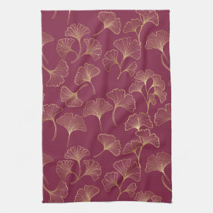 Linge De Cuisine Feuilles de Ginkgo dorées luxueuses sur un bordeau