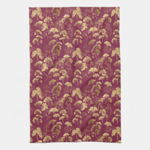 Linge De Cuisine Feuilles de Ginkgo en Or Luxueux sur Bourgogne Pro