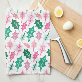 Linge De Cuisine Feuilles de houx de Noël rose et vert fantaisistes