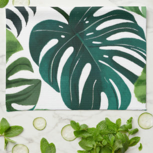 Linge De Cuisine Feuilles de Monstera Aquarelle Botanique Tropicale