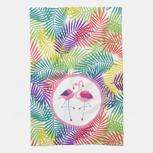 Linge De Cuisine Feuilles de palme tropicale stylisées et Flamants