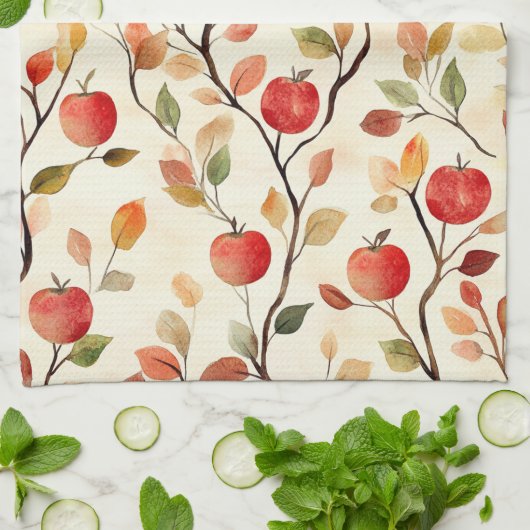 Linge De Cuisine Feuilles de pommes rouges crémeuses (Plié)