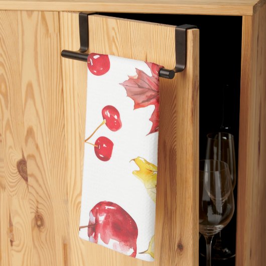Linge De Cuisine feuilles d'érable aquarelle, cerises, pommes (Pliage en tiers)