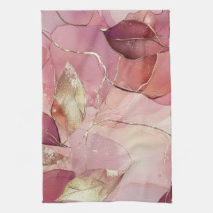 Linge De Cuisine Feuilles dorées Bourgogne rose pâle