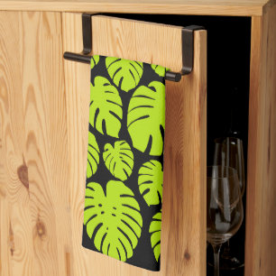 Linge De Cuisine Feuilles Monstera en Lime Vert et noir