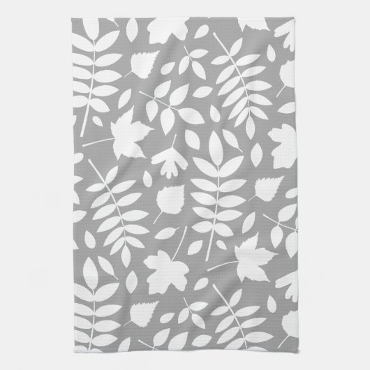 Linge De Cuisine Feuilles tombés Lg Motif blanc sur gris (Vertical)