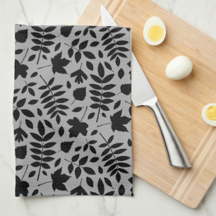 Linge De Cuisine Feuilles tombés Rpt Motif noir sur gris