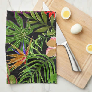 Linge De Cuisine Feuilles tropicales colorées et fleurs d'hibiscus 