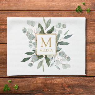 Linge De Cuisine Feuilles tropicales vertes en aquarelle à monogram