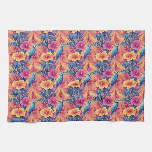 Linge De Cuisine Feuilles tropicaux et perroquets Motif d'été (Horizontal)
