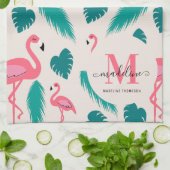 Linge De Cuisine Feuilles tropicaux Flamant rose rose chaud Monogra (Plié)