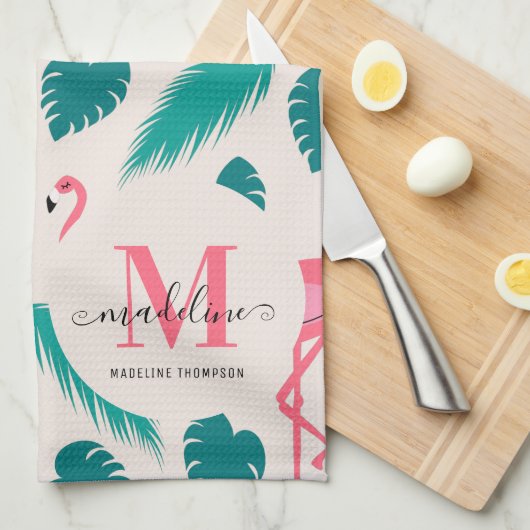 Linge De Cuisine Feuilles tropicaux Flamant rose rose chaud Monogra (Quart Plié)