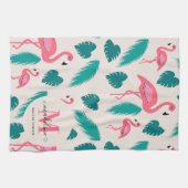 Linge De Cuisine Feuilles tropicaux Flamant rose rose chaud Monogra (Horizontal)