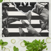 Linge De Cuisine Feuilles tropicaux noirs et blancs (Plié)