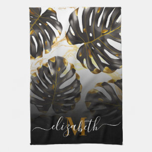 Linge De Cuisine Feuilles tropicaux noirs et dorés