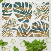 Linge De Cuisine feuilles tropicaux turquoises et dorés (Plié)