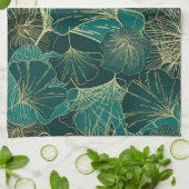 Linge De Cuisine Feuilles Vert Bleu Et Or (Plié)