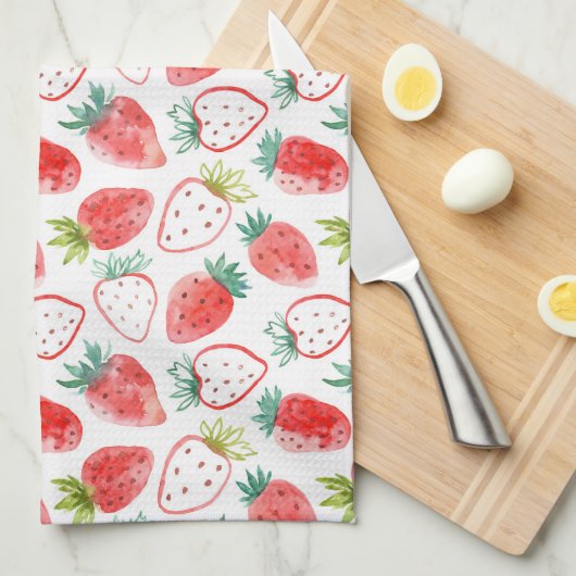 Linge De Cuisine Feuilles verts de mûre fraises rouges (Quart Plié)