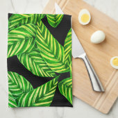 Linge De Cuisine feuilles verts gras sur noir (Quart Plié)