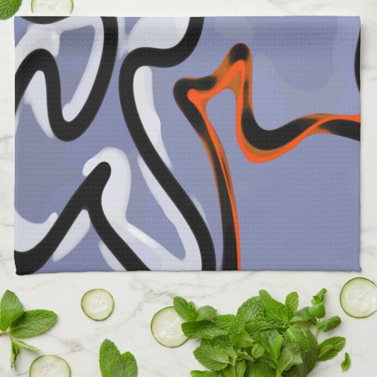 Linge De Cuisine Figure avec Feline : bleu Abstrait, orange, B & W (Plié)