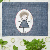Linge De Cuisine Figure de bâton fille avec marguerites sur Denim (Plié)