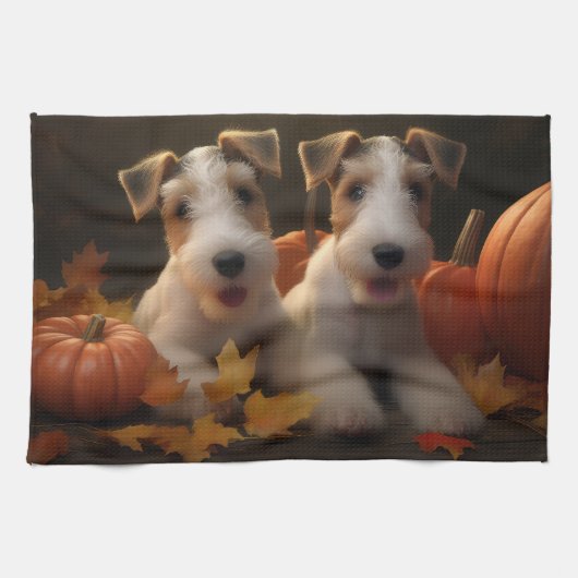 Linge De Cuisine Fil Fox Terrier Puppy Automne Citrouille de plaisi (Horizontal)