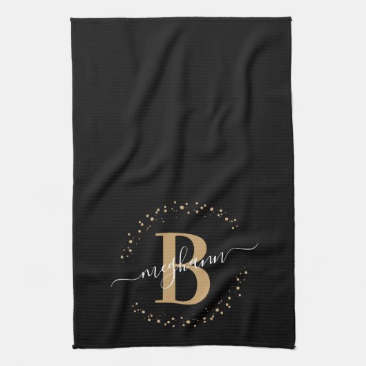 Linge De Cuisine Fille Elegant Noir Nom Monogramme Script (Vertical)