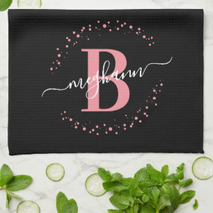Linge De Cuisine Fille Elegant rose Nom noir Monogramme Script Kitc