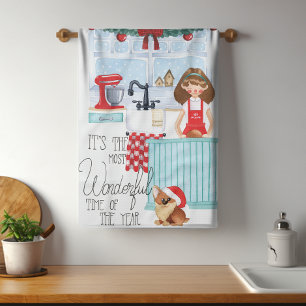 Linge De Cuisine Fille et chien de Noël en aquarelle pour la pâtiss