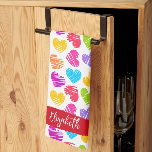 Linge De Cuisine Fille moderne Vibrant Doodled Hearts Nom du Motif (Pliage en tiers)