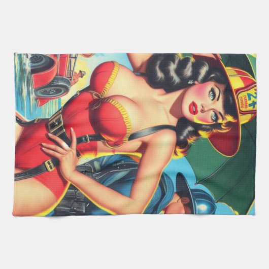 Linge De Cuisine Fille pompier rétro (Horizontal)