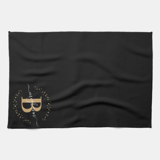 Linge De Cuisine Fille tendance Noir Nom Monogramme Script (Horizontal)