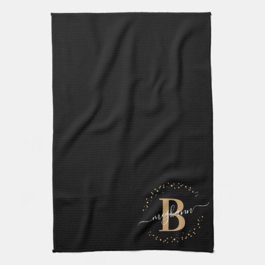 Linge De Cuisine Fille tendance Noir Nom Monogramme Script (Vertical)