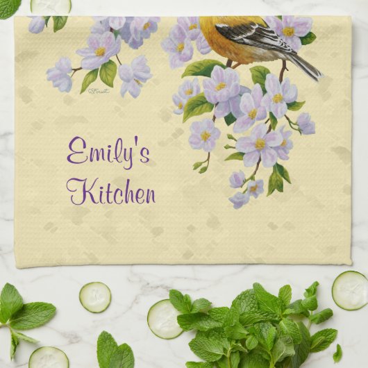 Linge De Cuisine Finition or et fleurs d'Apple Jaune (Plié)