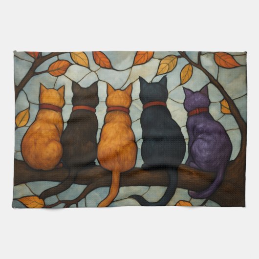 Linge De Cuisine Five Cats on a Tree Branch Stained Glass Style (Horizontal)