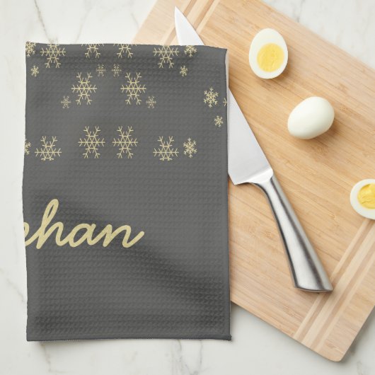 Linge De Cuisine Flacons de neige dorés sur gris (Quart Plié)