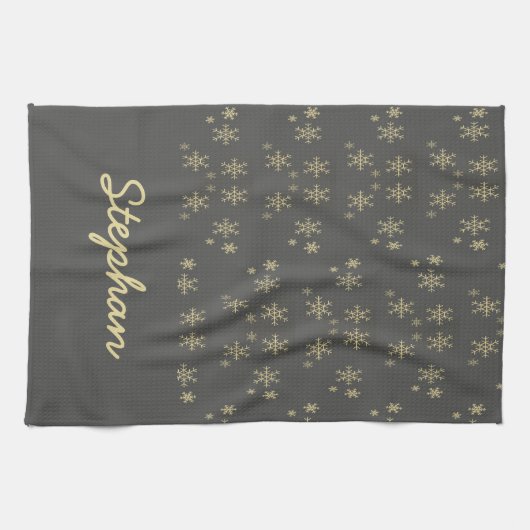 Linge De Cuisine Flacons de neige dorés sur gris (Horizontal)