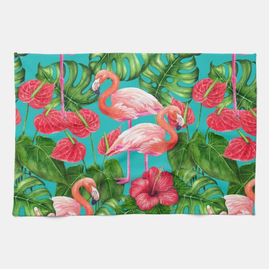 Linge De Cuisine Flamant rose et aquarelle du jardin tropical (Horizontal)