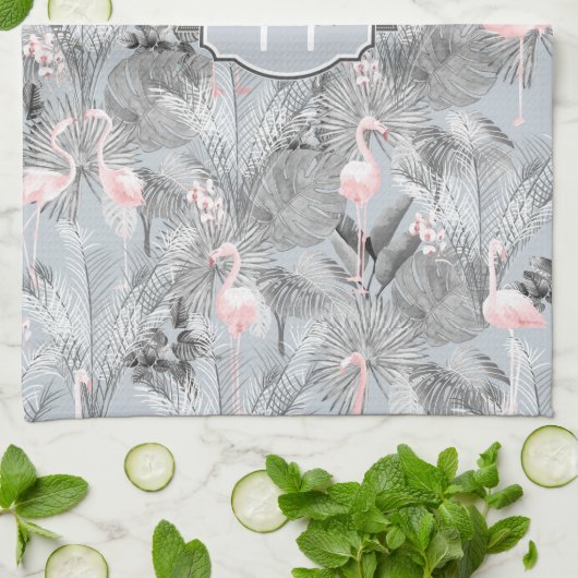 Linge De Cuisine Flamant rose Orchidée Tropical Motif Grey ID868 (Plié)