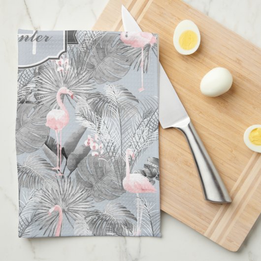 Linge De Cuisine Flamant rose Orchidée Tropical Motif Grey ID868 (Quart Plié)
