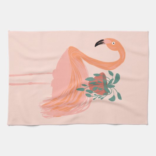 Linge De Cuisine Flamant rose tropical avec main Plante pointillée (Horizontal)