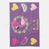 Linge De Cuisine Flamant rose tropical coeur rose violet et jaune (Vertical)