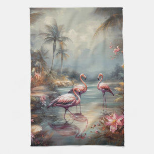 Linge De Cuisine Flamant Rose Tropical Lagune Art Floridien Vintage