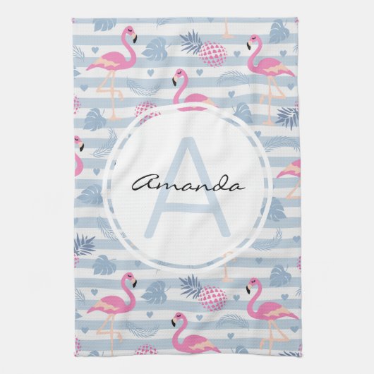 Linge De Cuisine Flamant rose Whimsical et ananas Motif Monogramme (Vertical)