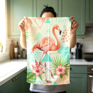 Linge De Cuisine Flamant Tropical Aquarelle & Motif Géométrique