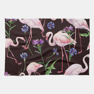 Linge De Cuisine Flamants d'aquarelle et fleurs sauvages motif.
