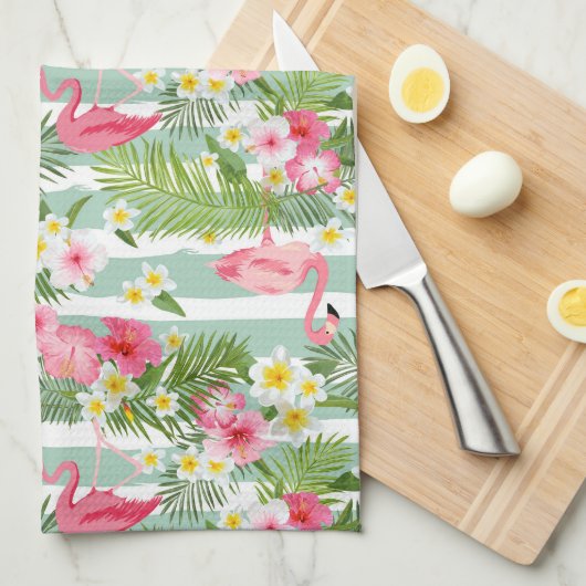 Linge De Cuisine Flamants roses Et Grèves| Monogramme (Quart Plié)