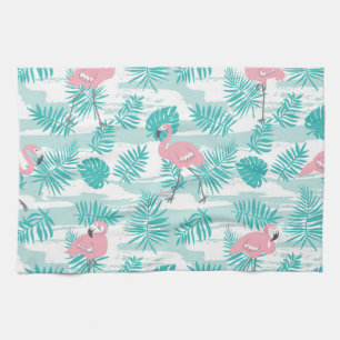 Linge De Cuisine flamants roses, feuilles de palmiers verts, tropic